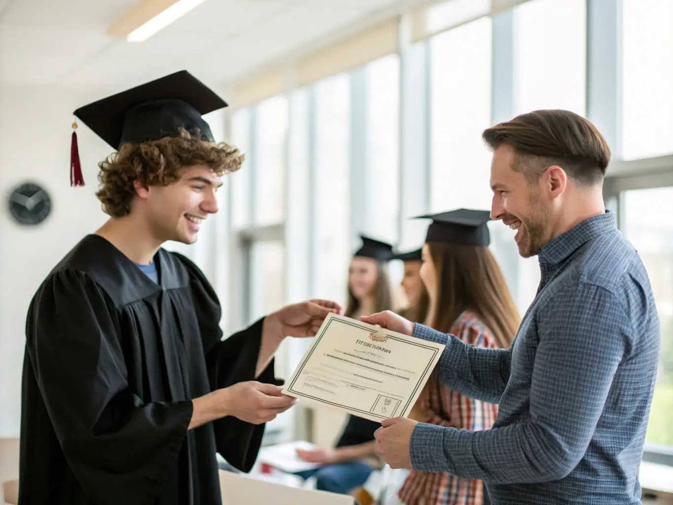 A student successfully completing a Java programming challenge, with a sense of accomplishment and instructors celebrating their achievement.