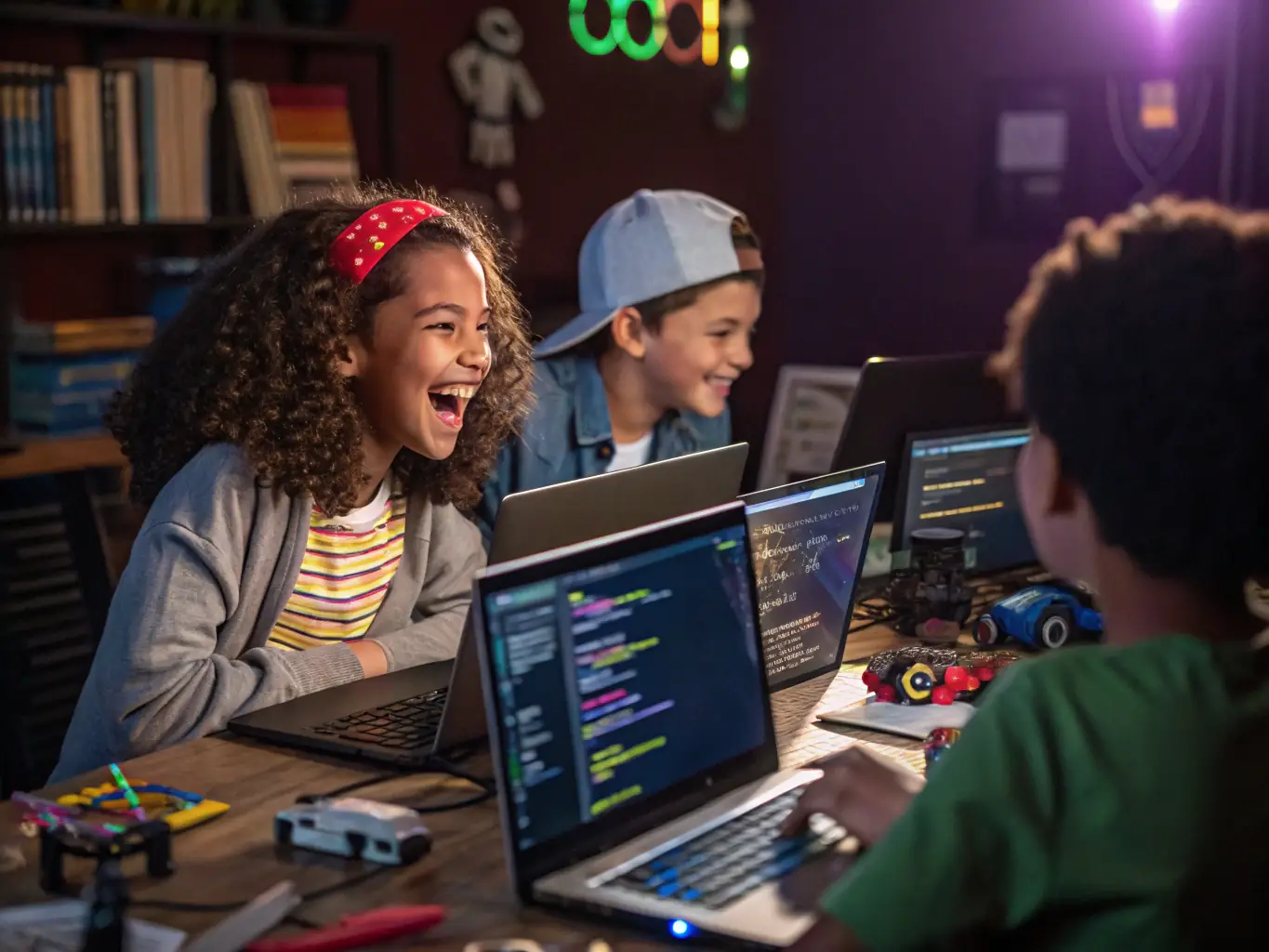 A diverse group of students collaborating on a Java coding project in a modern classroom setting, with laptops displaying Java code and instructors providing guidance.