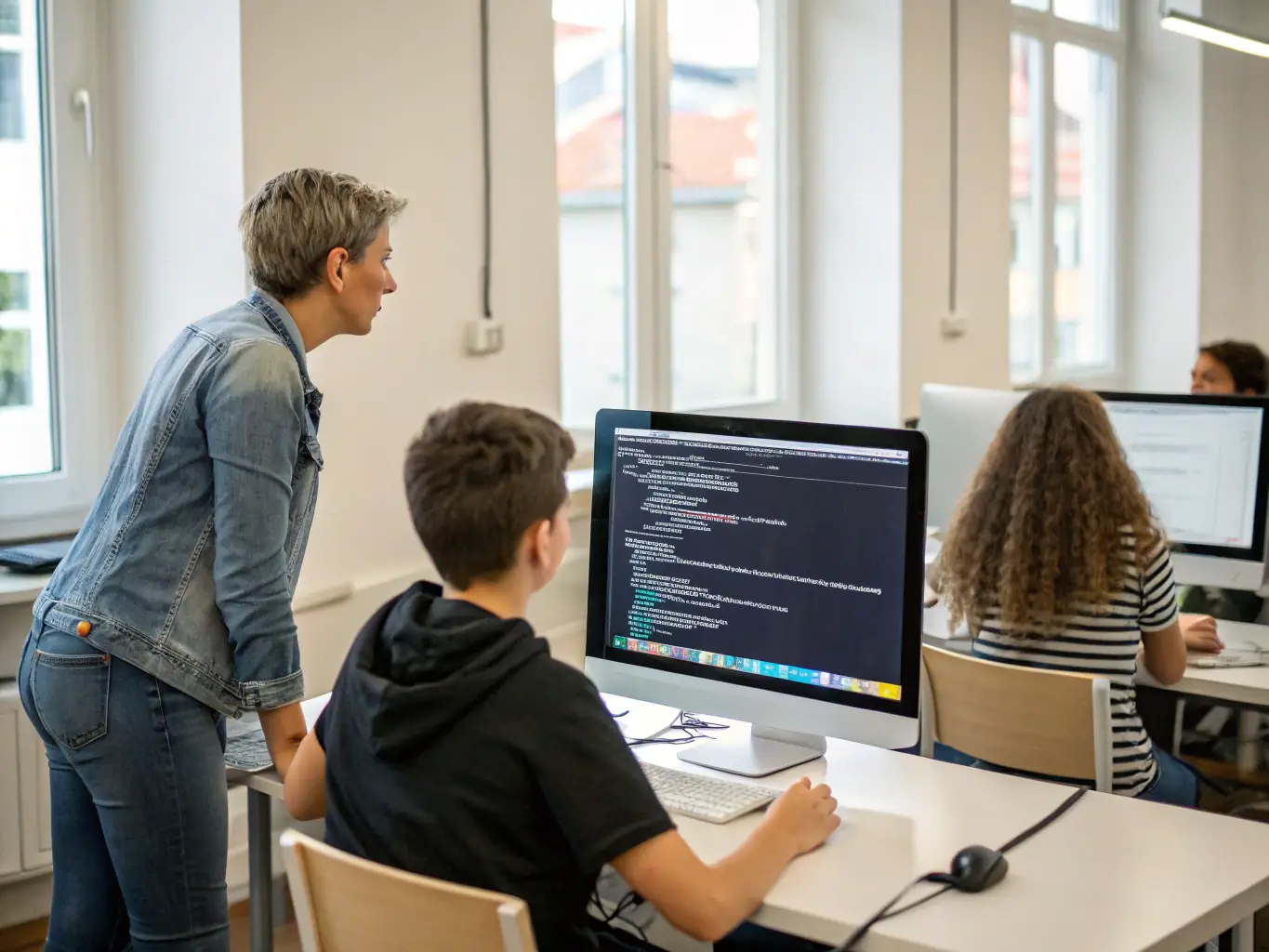 An image showcasing advanced Java concepts, such as multithreading and data structures, being taught in a classroom environment.