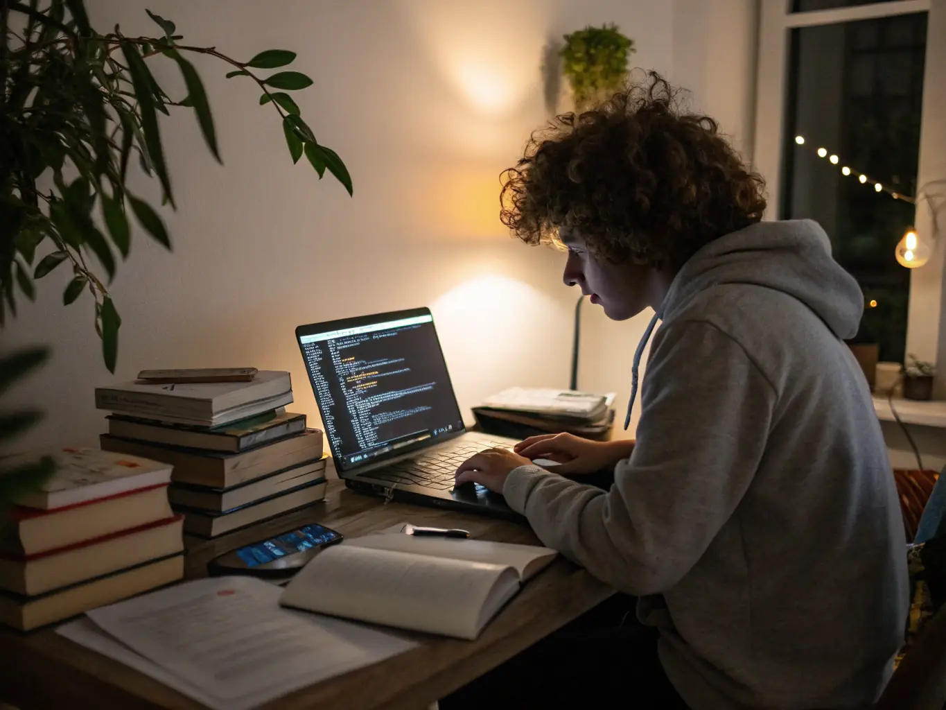 A focused student diligently coding at a computer in a modern classroom setting, surrounded by other students and instructors, emphasizing the practical application of Java skills.