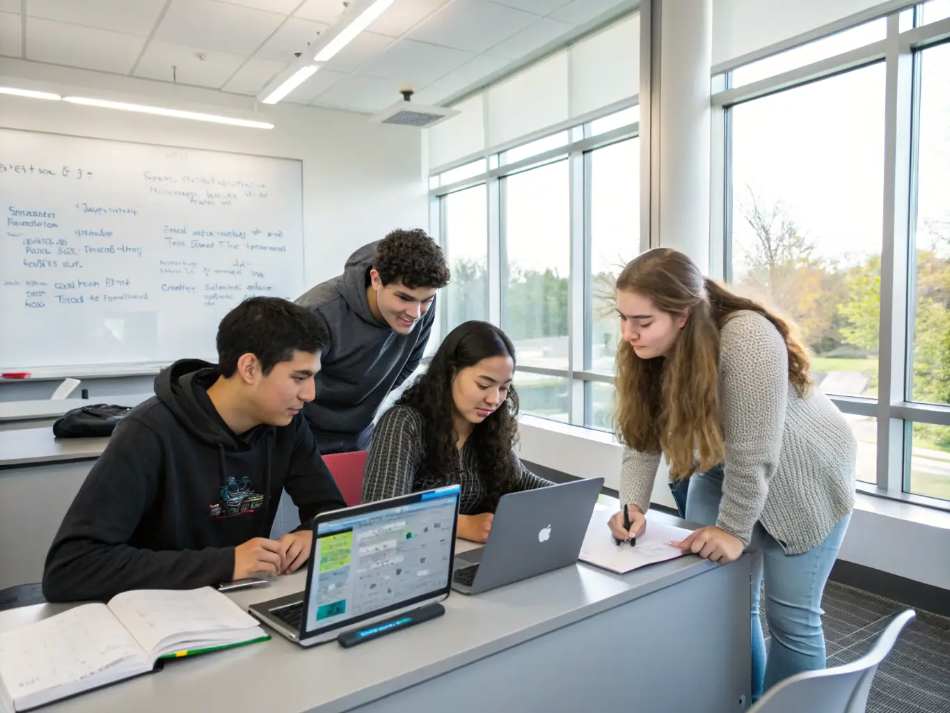 A diverse group of students collaborating on a Java project, showcasing teamwork and problem-solving skills in a collaborative learning environment.
